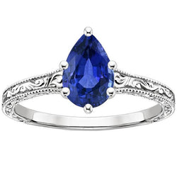 Bague Solitaire Saphir Bleu Taille Poire 4 Carats Style Antique