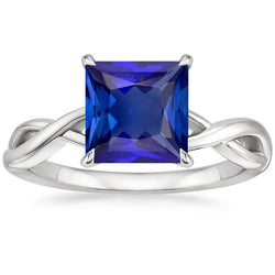 Bague Solitaire Saphir Bleu Taille Princesse Or Blanc 14K 5 Carats