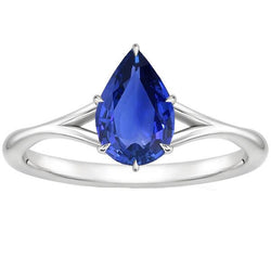 Bague Solitaire Tige Fendue Taille Poire Saphir Bleu 2.50 Carats
