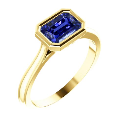 Bague Solitaire Radiant Bleu Saphir Lunette Sertie 1.50 Carats Or 14K - HarryChadEnt.FR