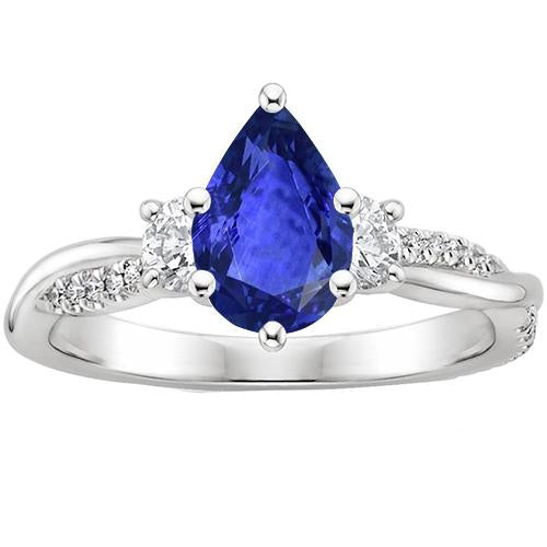 Bague Style 3 Pierres Avec Accents Diamant & Saphir Bleu Poire 6 Carats - HarryChadEnt.FR