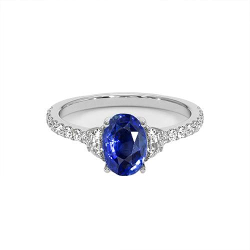 Bague Style 3 Pierres Saphir Bleu Ovale 6.75 Carats Or Blanc Véritable - HarryChadEnt.FR