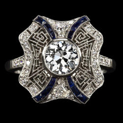 Bague Style Antique Diamant Taille Ancienne & Saphirs Trapèzes 3.75 Carats