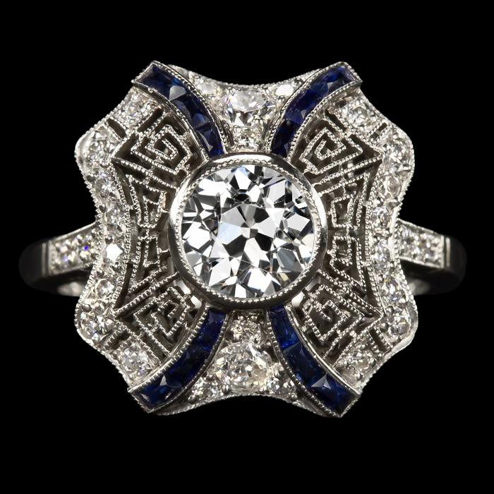 Bague Style Antique Diamant Taille Ancienne & Saphirs Trapèzes 3.75 Carats - HarryChadEnt.FR