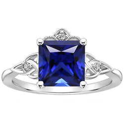 Bague Style Antique Petit Diamant & Saphir Bleu Taille Princesse Or 14K