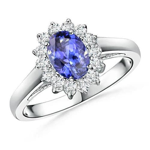 Bague Style Fleur Tanzanite Avec Diamants 6.50 Carats Or Blanc 14K - HarryChadEnt.FR