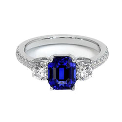 Bague Style Saphir Bleu Émeraude 3 Pierres Avec Accents Or 7 Ct 14K