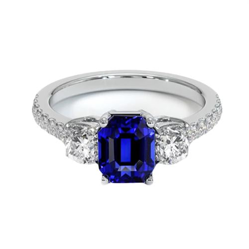 Bague de style saphir bleu rond à 3 pierres avec accents en or 7 carats 14K - HarryChadEnt.FR