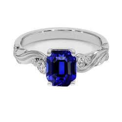 Bague Style Vintage Diamant Et Saphir De Ceylan Taille émeraude 5.50 Carats