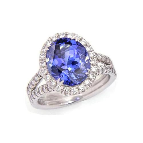 Bague Tanzanite Bleue Et Diamants 5.25 Ct Or Blanc 14K - HarryChadEnt.FR