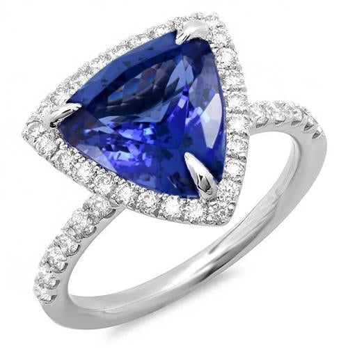 Bague Tanzanite De Forme Trillion 9 Carats Avec Diamants Ronds Or Blanc - HarryChadEnt.FR