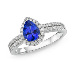 Bague Tanzanite Forme Poire Bleue Et Diamants Ronds 4.75 Ct Or 14K