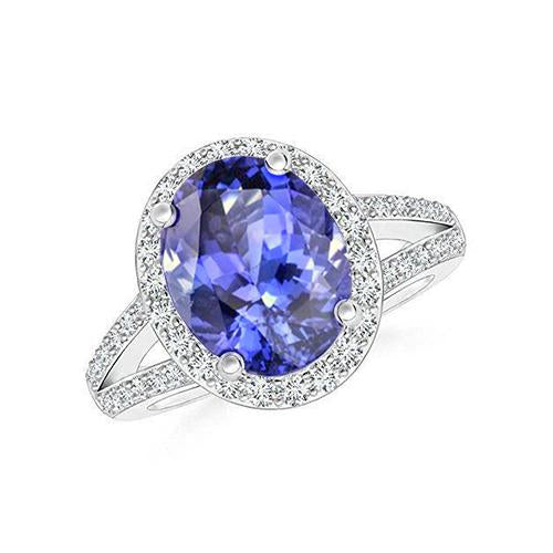 Bague Tanzanite Halo 6 Ct Avec Diamants Or Blanc 14K - HarryChadEnt.FR