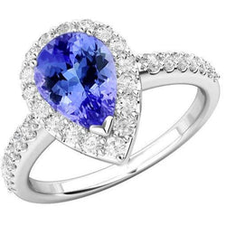 Bague Tanzanite Poire Avec Diamants Ronds 3.95 Carats Or Blanc 14K