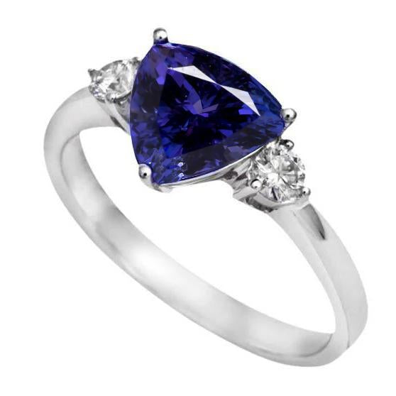 Bague Tanzanite Trillion Diamant 3 Pierres 2 Carats Or Blanc 14K - HarryChadEnt.FR