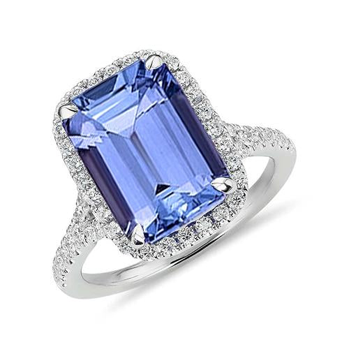 Bague Tanzanite en forme d'émeraude de 8.75 ct avec diamants ronds en or Nouveau - HarryChadEnt.FR