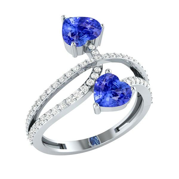 Bague Toi et Moi Diamant Coeur Bleu Saphir Tige Torsadée 3.50 Carats - HarryChadEnt.FR