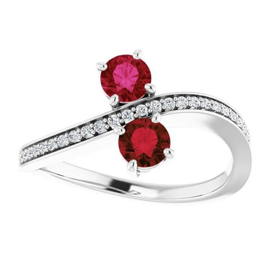 Bague Toi et Moi Diamant Rond Birmanie Rubis 1.50 Carats Or Blanc - HarryChadEnt.FR