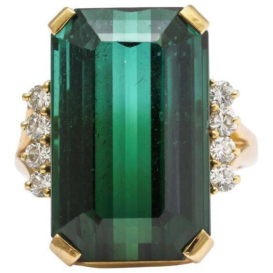Bague Tourmaline Verte 13 Carats Et Diamants Or Jaune 14K - HarryChadEnt.FR