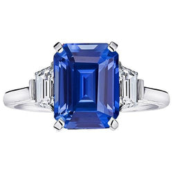 Bague Trapèze Diamant 3 Pierres 3.50 Carats Emeraude Srilankan Saphir
