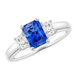Bague Trapèze Diamant Bleu Saphir Radiant Cut 3 Carats Trois Pierres