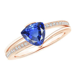 Bague Trillion de pierres précieuses saphir 2 carats tige fendue diamant or rose