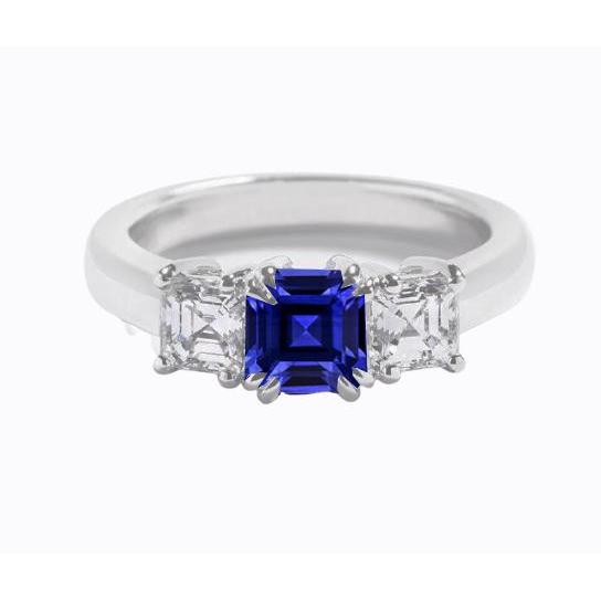 Bague Trois Pierres Asscher Ceylan Saphir & Diamants 2.50 Carats - HarryChadEnt.FR