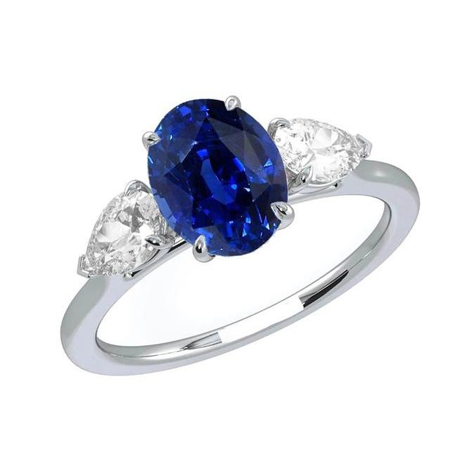 Bague Trois Pierres Diamant Poire Ovale Saphir Bleu Foncé 3 Carats - HarryChadEnt.FR