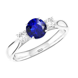 Bague Trois Pierres Diamant Rond Saphir Bleu Naturel 2 Carats