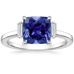 Bague Trois Pierres Diamant Saphir Bleu 3.25 Carats Or Blanc