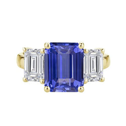 Bague Trois Pierres Emeraude Ceylan Saphir Or Jaune 14K 3.50 Carats