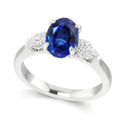 Bague Trois Pierres Ovale Ceylan Saphir Et Diamant Poire Or 14K 3 Ct