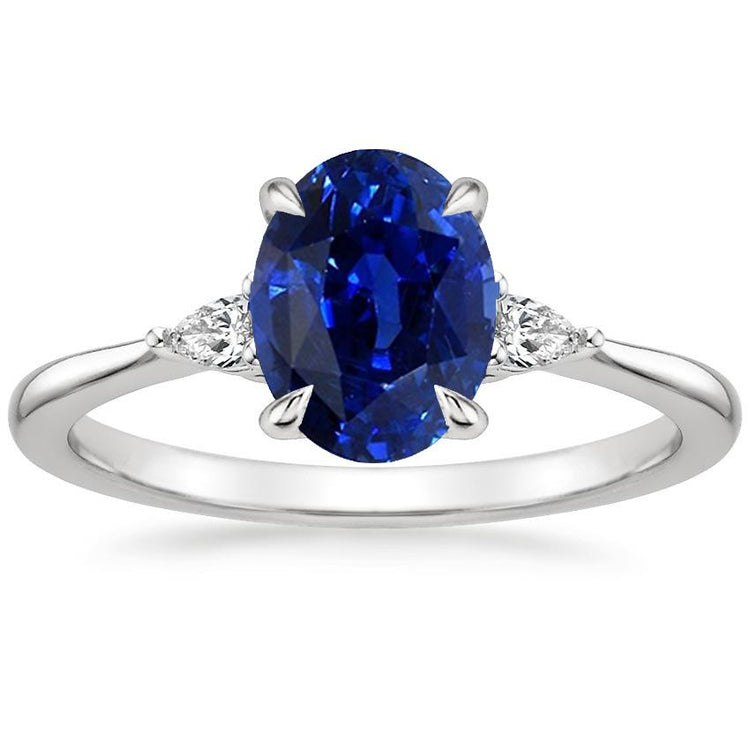 Bague Trois Pierres Ovale Saphir Sri Lankais & Diamants Poire 2.50 Carats - HarryChadEnt.FR