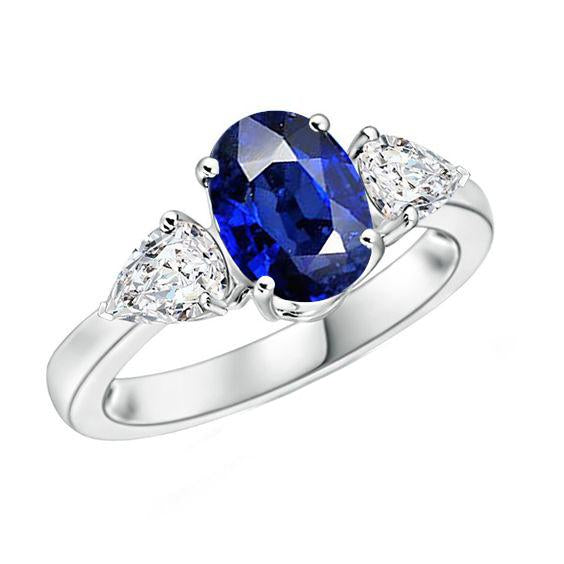 Bague Trois Pierres Ovale Saphir Sri Lankais & Diamants Poire 5.50 Carats - HarryChadEnt.FR