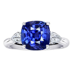 Bague Trois Pierres Poire Diamant & Coussin Bleu Saphir 3.50 Carats