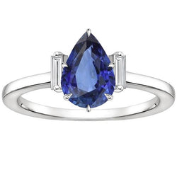 Bague Trois Pierres Poire Saphir Sri Lankais & Diamants Baguette 3 Carats