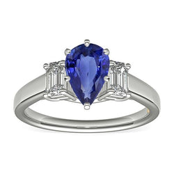Bague Trois Pierres Poire SriLanka Saphir 2 Carats & Diamants Émeraude