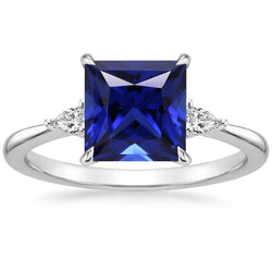 Bague Trois Pierres Princesse Saphir Bleu & Diamants Poire 5.25 Carats