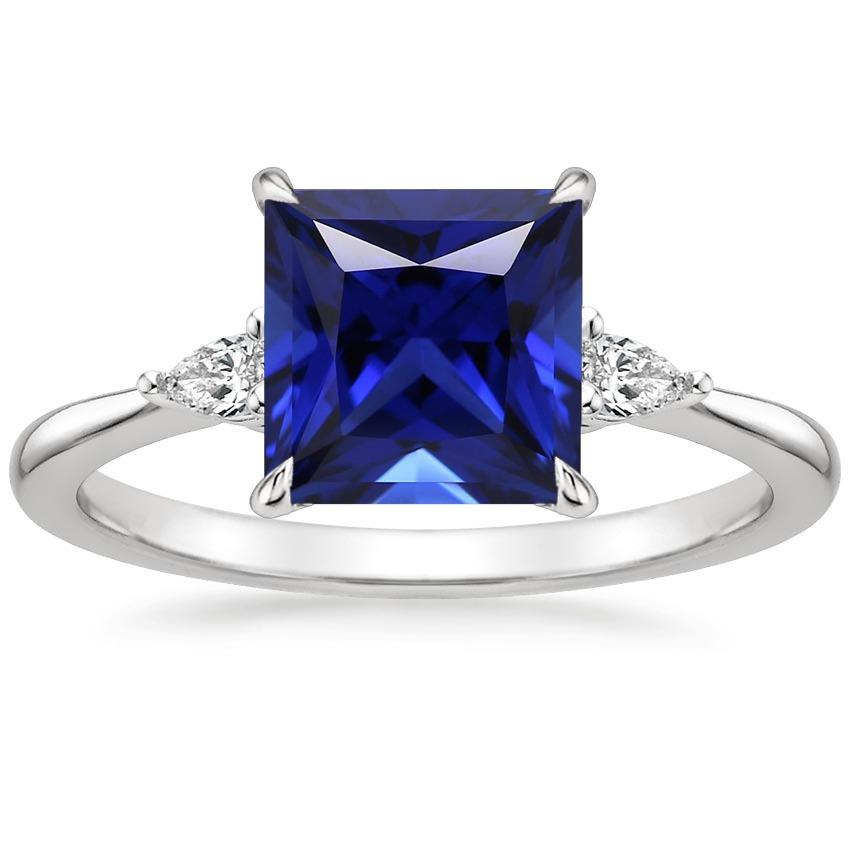 Bague Trois Pierres Princesse Saphir Bleu & Diamants Poire 5.25 Carats - HarryChadEnt.FR