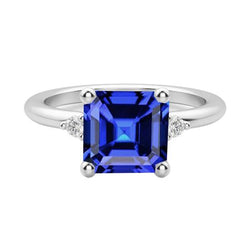 Bague Trois Pierres Saphir Asscher 2.75 Carats Petits Diamants Ronds