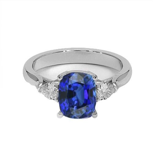 Bague Trois Pierres Saphir Bleu Avec Diamants Poire Or 4.50 Carats 14K - HarryChadEnt.FR