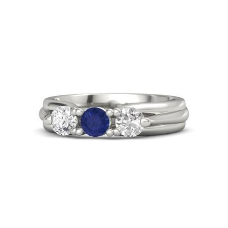 Bague Trois Pierres Saphir Bleu Et Diamant 1 Carat Or Blanc 14K - HarryChadEnt.FR