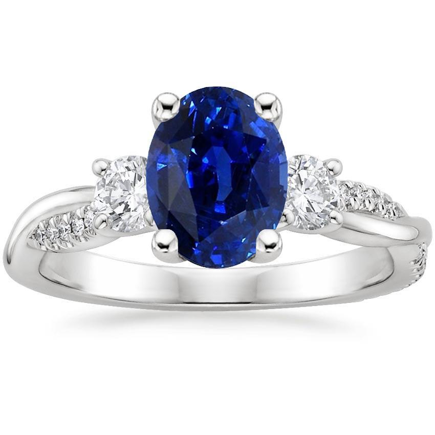 Bague Trois Pierres Saphir Bleu Ovale & Accents Diamants Ronds 4 Carats - HarryChadEnt.FR