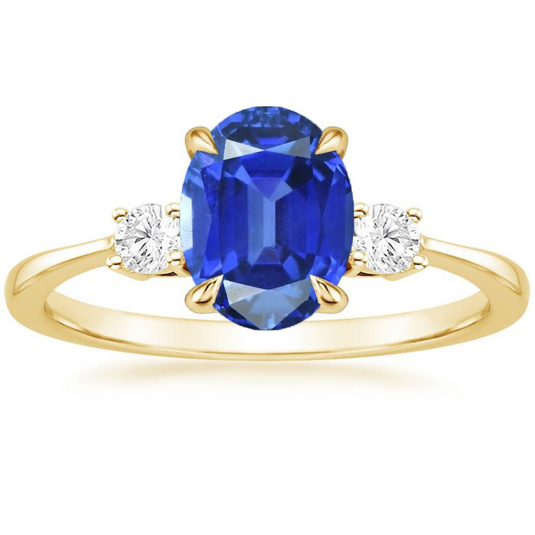 Bague Trois Pierres Saphir Bleu Ovale & Diamant Rond Or 5.50 Carats - HarryChadEnt.FR