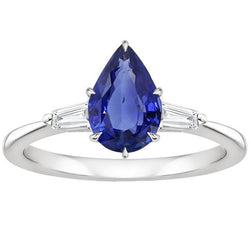 Bague Trois Pierres Saphir Bleu Poire & Diamants Baguette 3 Carats
