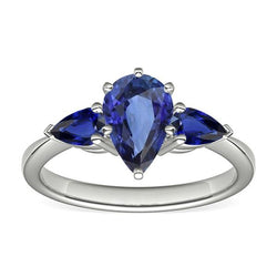 Bague Trois Pierres Saphir Bleu Poire Or Blanc 2 Carats 14K