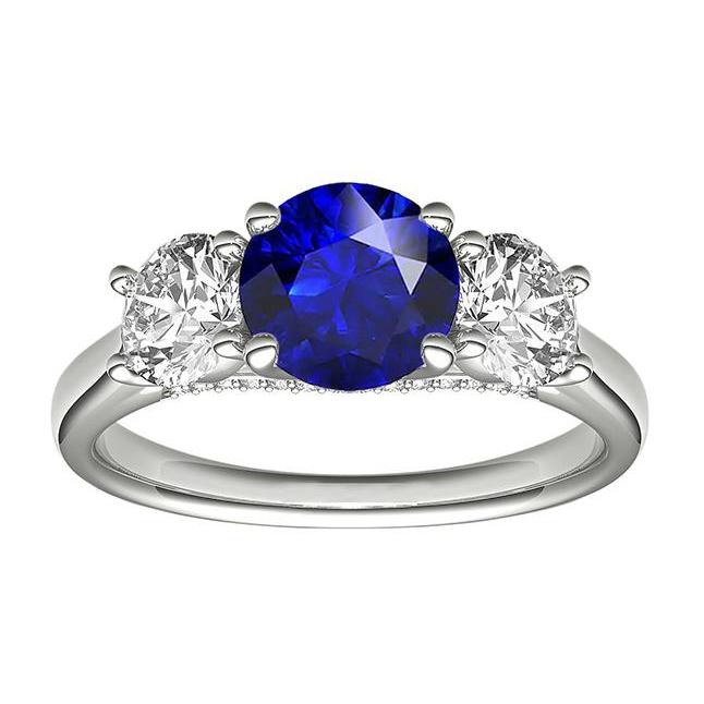 Bague Trois Pierres Saphir Bleu Rond & Diamants Ronds 2.50 Carats - HarryChadEnt.FR