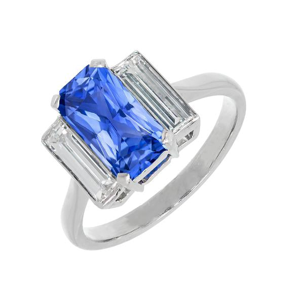 Bague Trois Pierres Saphir Radiant & Diamant Baguette Or 3.50 Carats - HarryChadEnt.FR