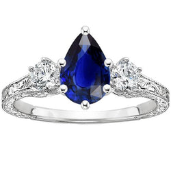 Bague Trois Pierres Style Antique Poire Bleu Saphir & Diamants 5 Carats