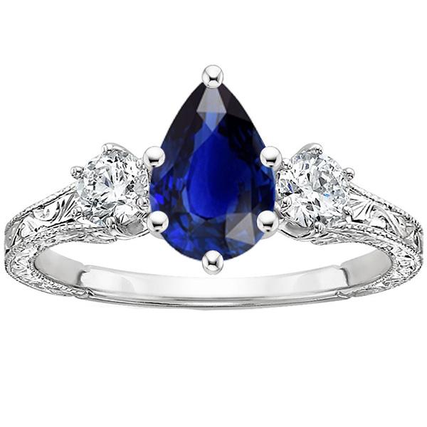 Bague Trois Pierres Style Antique Poire Bleu Saphir & Diamants 5 Carats - HarryChadEnt.FR